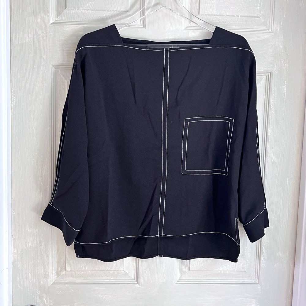 Zara Woman Blouse M Womens Contrast Stitch Boxy Pocket Black Lagenlook Top